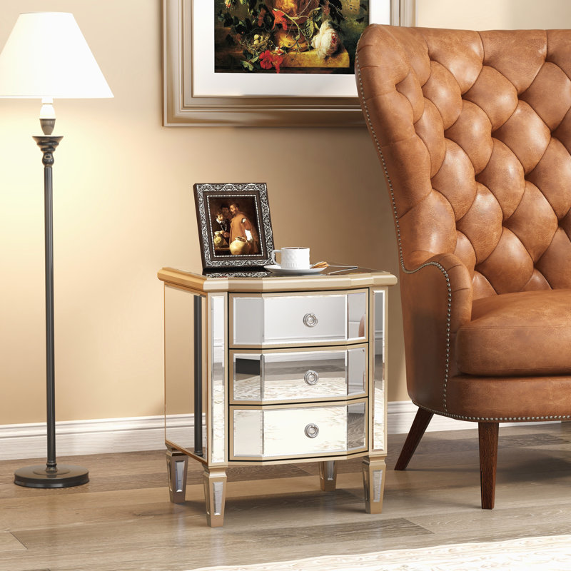 Everly Quinn Laurine 3-Drawers Vintage Mirrored Glass Nightstand ...